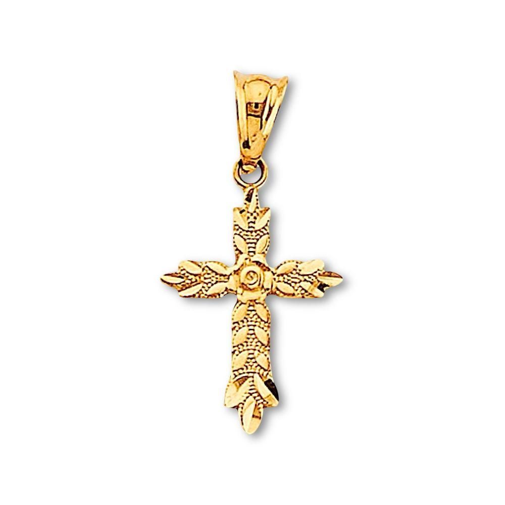 14K Gold Cross Pendant with Leaf and Rose Detailing By Tehrani Jewelry